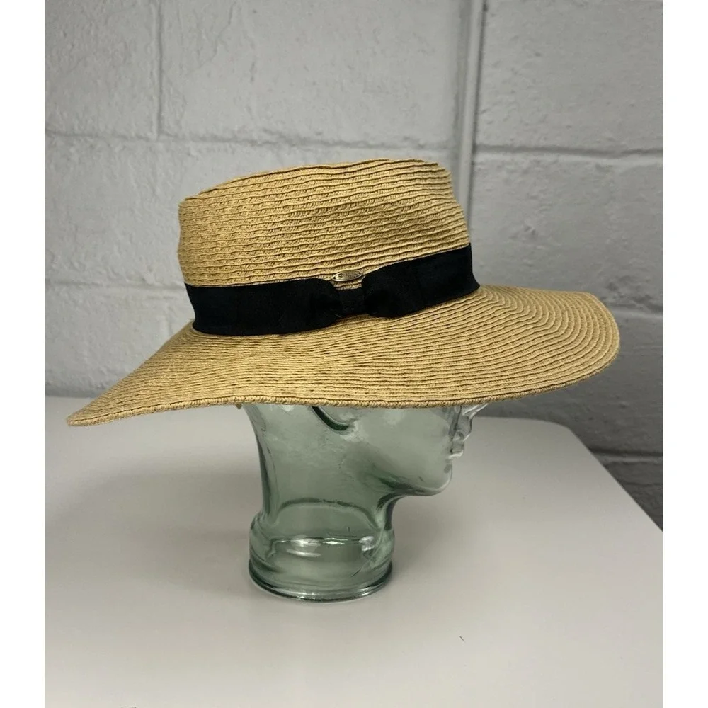 Scala Straw Diego Boater Hat Grosgrain Band Tan Black Sun Summer Packable Beach